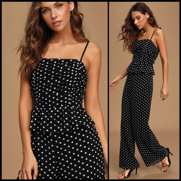 EUC Lulus Show Them Up Black Floral Embroidered Peplum Wide Leg Jumpsuit - Picture 4 of 15